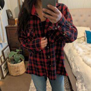 Vintage 80s Wool Tartan Plaid Flannel Shirt Jacket Red Outdoor Shacket